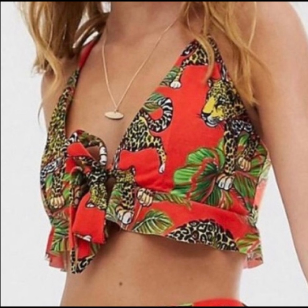 BNWT ASOS Red Tie Front Wrap Crop Top - Tiger / Cheetah Print US Size 2 (Small)